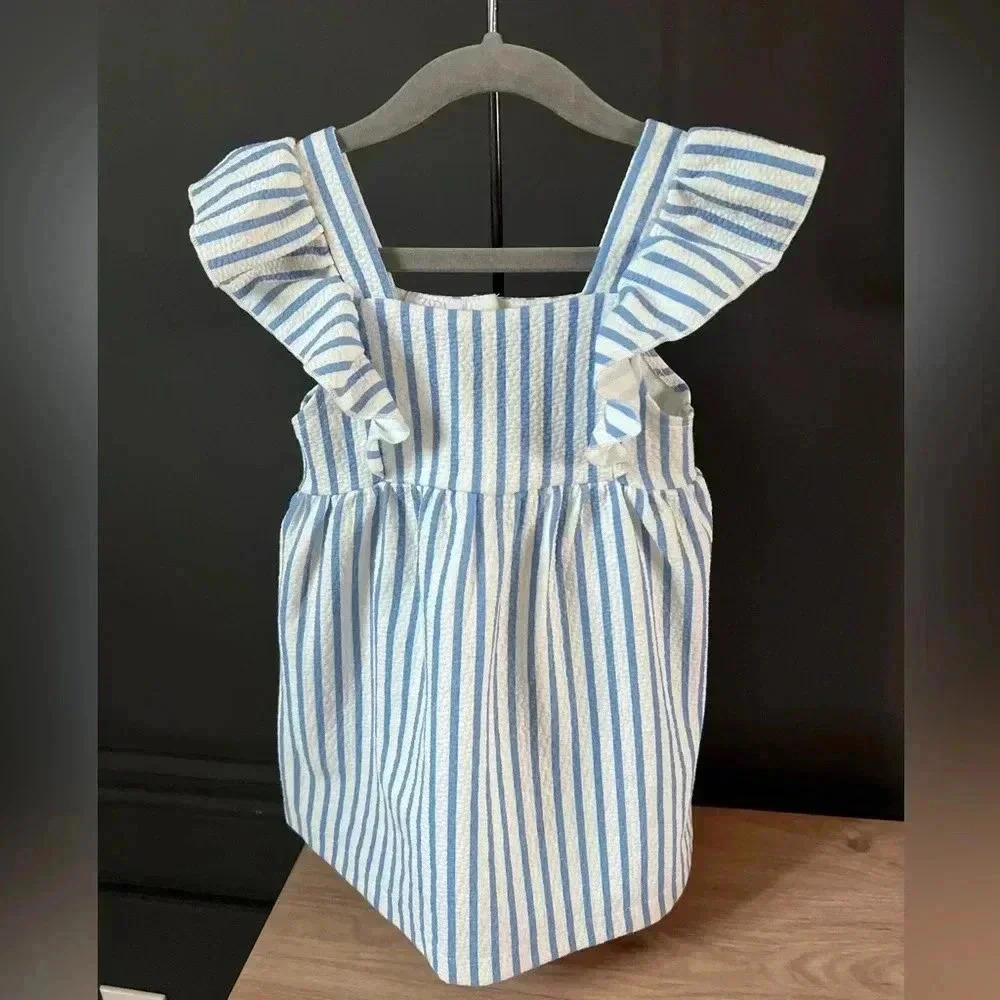 Zara Printed Jacquard Dress blue white stripe ruffle sleeve 12-18months - Picture 3 of 5